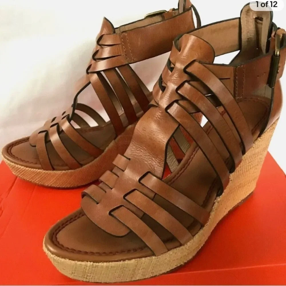 HS Trask Leather Strappy Burlap Wedges Sandals Shoes Women's size 10 4’ wedge